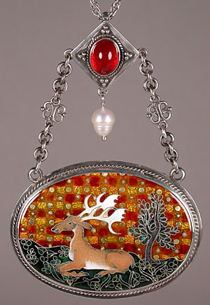 Stag and Tree and Pearl Enamel Pendant Front